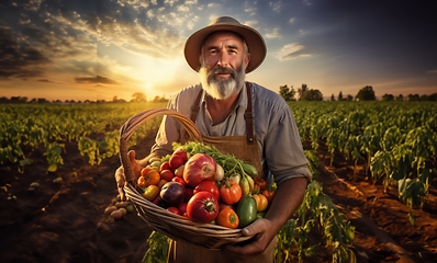 Image showing In the hands of seasoned farmers, a diverse array of freshly harvested vegetables fills the rustic charm of their countryside basket