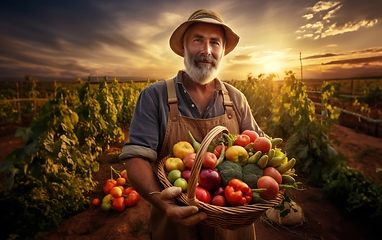 Image showing In the hands of seasoned farmers, a diverse array of freshly harvested vegetables fills the rustic charm of their countryside basket