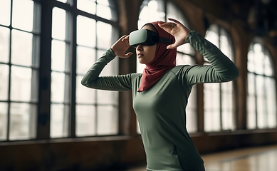 Image showing In a spiritual setting, a modern woman in a hijab explores the mosque's depth using virtual reality glasses, blending tradition with technology