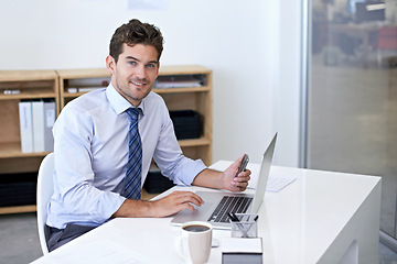 Image showing Laptop, smile and portrait of businessman in office for research on finance budget project. Technology, happy and professional financial advisor working on company account with computer in workplace.