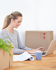 Image showing Employee, moving and woman with a laptop, boxes and smile with online reading and startup. Person, consultant or entrepreneur with computer or office with lady or idea with architecture or renovation