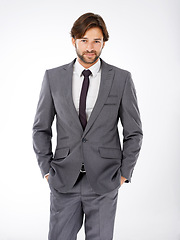 Image showing Businessman, portrait and fashion with style for career ambition or opportunity on a white studio background. Handsome or attractive man, employee or professional in confidence or suit for business