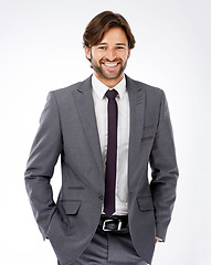 Image showing Happy businessman, portrait and fashion with style for career ambition or opportunity on a white studio background. Face of handsome man, employee or professional in confidence or suit for business