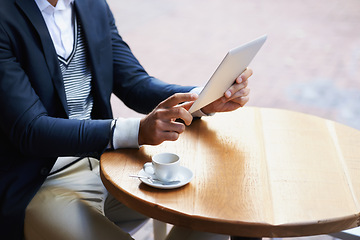 Image showing Businessman, outdoor and hands on tablet at cafe reading news, article or internet research. Online, communication and coffee break with tech for social media, networking and scroll blog on website