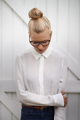 Image showing Disappointed, thinking and sad with woman on wall background for bad news, fail and stress. Anxiety, fear and worry with young female person feeling frustrated for mental health, mad and grief