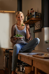 Image showing Woman, kitchen and vegetables with smile, portrait and home for nutrition, salad and diet. Person, house and lunch for health, wellness and relaxation and break for wellbeing, rest and happiness