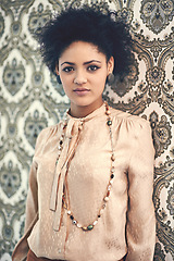 Image showing Black woman, portrait and serious with vintage fashion for classic, old school and 70s style with gen x. Female person, retro clothes and accessories for unique look, trendy and antique wallpaper