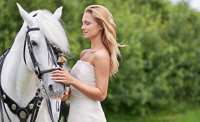 Image showing Wedding, woman and smile with horse outdoor on grass for celebration, marriage or confidence in countryside. Bride, person and stallion on lawn in field with mockup space, dress or animal at ceremony