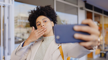 Image showing Blowing, kiss and selfie of woman in city with profile picture, photography and social media. Happy, gesture and person with emoji for post online, blog or communication with care on video call