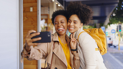 Image showing Happy, friends and selfie with peace in city and photography of memory on social media with phone. Emoji, sign and women smile for post online, blog or influencer outdoor with virtual live stream