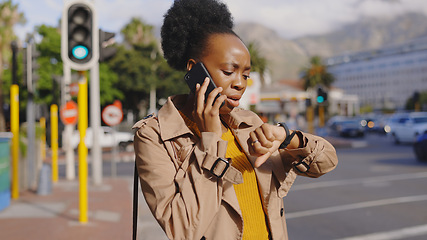 Image showing Woman, time and late on street, phone call or frustrated with stress or communication. Black designer, watch and south africa city with chat, network or discussion worried for career or schedule