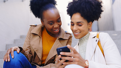 Image showing Smartphone, smile and friends on stairs for social media, website and search on internet together. Steps, communication and people with technology for streaming video, reading blog and text message