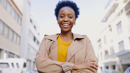 Image showing Black woman, portrait and arms crossed in city for business, mission or mindset with confidence in street. Entrepreneur, employee and African person with smile for success, motivation or satisfaction