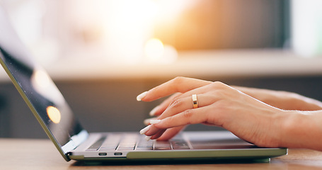 Image showing Hands, laptop and woman with typing in closeup for remote work from home for online media company. Person, employee or freelance writer with computer, keyboard and click for articles, blog or story