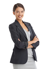 Image showing Business, woman and arms crossed in studio for confidence and happy with human resources career. Young professional worker, employee or model in portrait with smile for job on a white background