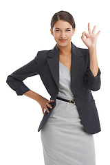 Image showing Perfect, okay and business woman in studio for thank you, support or like on a white background. Portrait of professional worker in human resources with great, yes and hand for success or excellence