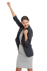 Image showing Business, woman and fist in studio for success, winning and achievement with power, yes and celebration. Portrait of an excited worker or winner with goals for human resources on a white background
