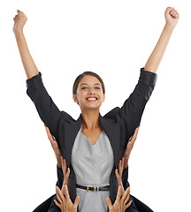 Image showing Corporate woman, success in portrait and yes, praise from team with cheers and arms raised for win on white background. Excellence, pride and happy for promotion or bonus with support from group