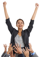 Image showing Business woman, success in portrait and yes, praise from team with cheers and arms raised for win on white background. Excellence, pride and happy for promotion or bonus with support from group