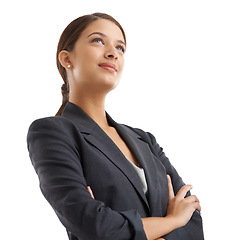 Image showing Business, ideas and woman with arms crossed in studio with thinking face for legal career, solution or job vision. Lawyer, worker or professional with confidence and inspiration on a white background