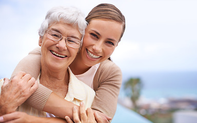 Image showing Happy women, mother and daughter hug in portrait smile, excited and show affection in mockup space. Lovely family, mom and girl on vacation enjoy, retirement and embrace with happiness and joy