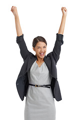 Image showing Business, woman and arms up in studio for success, winning and achievement with wow, yes and celebration. Portrait of excited accountant or winner with wow for goals or target on a white background