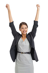 Image showing Professional, woman and arms up in studio for success, winning and achievement with yes and celebration. Portrait of an excited worker, accountant or winner with business goals on a white background
