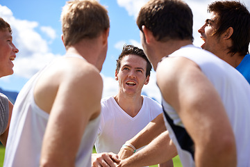 Image showing Men, group and huddle for sport on field with motivation, support and cheer for challenge with fitness. People, team building and circle with solidarity for contest, competition or workout in game