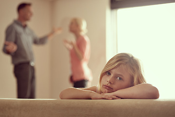 Image showing Divorce, mother and unhappy child in argument, sofa and sad in family with stress and anger. Daughter, tired and fight as frustrated, conflict and listen to mom, dad and depression in living room