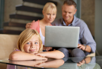 Image showing Portrait, happy girl or parents in lounge with love, relax or laptop for movie or show on weekend in house. Father, mother or child face with smile for care in home or stream for online subscription