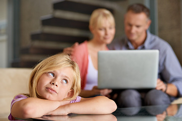 Image showing Thinking, child and parents in lounge with love, relax and laptop for movie on weekend in house. Happy family, rest or daughter with fun idea on holiday or home with streaming of online subscription