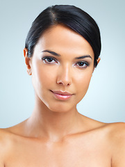 Image showing Portrait, woman and facial for skincare, dermatology and microblading on light grey background. Glow, female person and flawless skin for wellness, hydration and treatment with oil, serum and gel