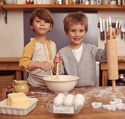 Image showing Portrait, smile and brothers in a kitchen, baking and child development with happiness and ingredients. Face, kids and siblings with holiday and weekend break with hobby, home and vacation with joy