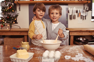 Image showing Portrait, hug and brothers in a kitchen, baking and smile with happiness and ingredients. Face, kids and siblings with Christmas holiday and weekend break with hobby, home and child development