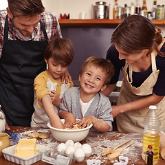Image showing Family, happy and portrait of kids baking in kitchen, learning and boys bonding together with parents in home. Father, mother and face of children cooking or teaching brothers how to make dessert