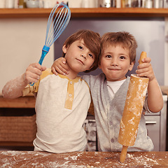 Image showing Portrait, boys and brothers baking, kitchen utensils and smile with happiness and child development. Face, kids and siblings with holiday, messy or weekend break with hobby, home or excited with love