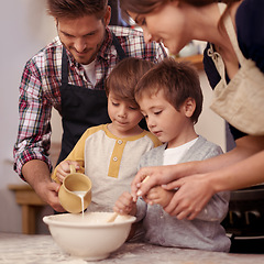 Image showing Children, parents or baking in kitchen with ingredients, home or learning of dessert cake with love. Happy family, teaching or bowl for cookies on table, care or bonding together on holiday in house