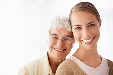 Image showing Hug, white background and portrait of senior mother with daughter embrace for bonding, relationship and love. Family, retirement and elderly parent with woman for care, affection and relax together