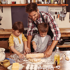 Image showing Father, smile and kids baking, learning and happy boys bonding together in home. Dad, children and cooking with flour, rolling pin and teaching brothers with family at table in kitchen for pasty cake