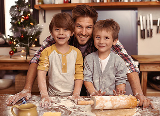 Image showing Dad, portrait and happy children baking at Christmas, learning or bonding together in home. Face, kids and father cooking at xmas on holiday, rolling pin or teaching brothers with family in kitchen