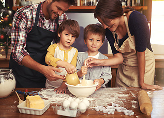 Image showing Family, smile and portrait of kids baking in kitchen, learning or happy boys bonding together with parents in home. Father, mother or face of children cooking with flour, dessert or teaching brothers