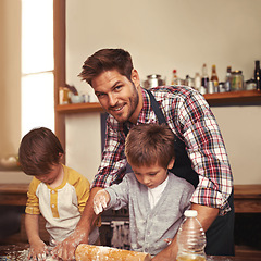 Image showing Father, smile and portrait of kids baking, learning or happy boys bonding together in home. Face, children and dad cooking with flour, rolling pin or teaching brothers with family at table in kitchen