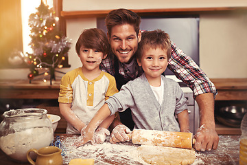 Image showing Dad, happy and portrait of kids baking at Christmas, learning or bonding together in home. Face, children or father cooking at xmas with flour, rolling pin or teaching brothers with family in kitchen