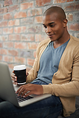 Image showing Man, coffee and student on laptop in outdoors, e learning and online course for studying on tech. Black male person, latte and university website for education, wall background and internet for email