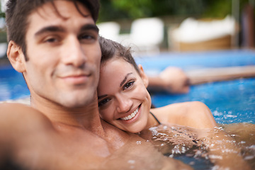 Image showing Happy couple, portrait and swimming pool for travel break or Hawaii vacation for honeymoon, bonding or stress relief. Man, woman and embrace for hotel weekend in summer for trip, outdoor or peace