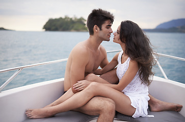 Image showing Couple, embrace and yacht with lake, water and nature for love and summer travel. Man, woman and holiday with adventure, happiness and intimate relationship with date or honeymoon for ocean journey