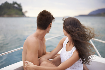 Image showing Man, woman and couple with back view on a boat in the ocean, vacation and travel to Italy for anniversary or honeymoon. Romantic adventure for love, bonding and trust in relationship with transport