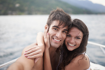 Image showing Portrait, selfie and happy couple at ocean on boat for vacation, holiday or travel together outdoor. Face, woman and man taking pictures at sea for adventure, hug and connection in summer on a ship