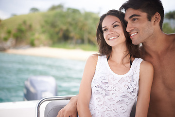 Image showing Man, woman and couple on a boat in the ocean, happy with vacation and travel to Italy for anniversary or honeymoon. Romantic adventure for love, bonding and trust in relationship with transport