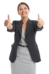 Image showing Business woman, yes and thumbs up in studio for achievement, support and like emoji or success. Portrait of professional employee or lawyer with good job, okay or feedback on a white background